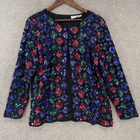 The Unbranded Brand Tops - VTG Silk Sequin Dress Jacket M/L Heavy Glam Party Elegant *Flaws*